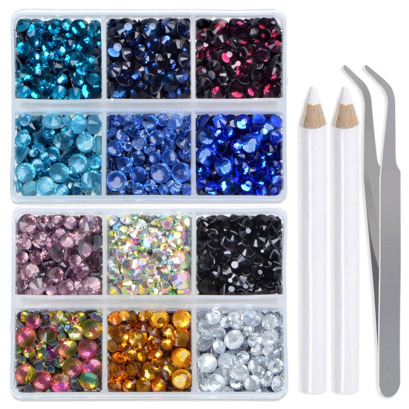LPBeads 6400 Pieces 12 Colors Hotfix Rhinestones Flat Back 5 Mixed Sizes Crystal Round Glass Gems with Tweezers and Picking Rhinestones Pen - Image 1